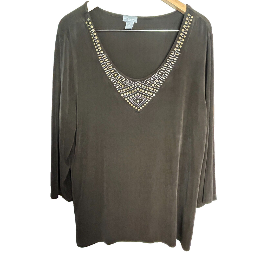 Chicos Travelers Blouse Womens 3 Brown Beaded 3/4 Sleeve Shirt Top Round Neck